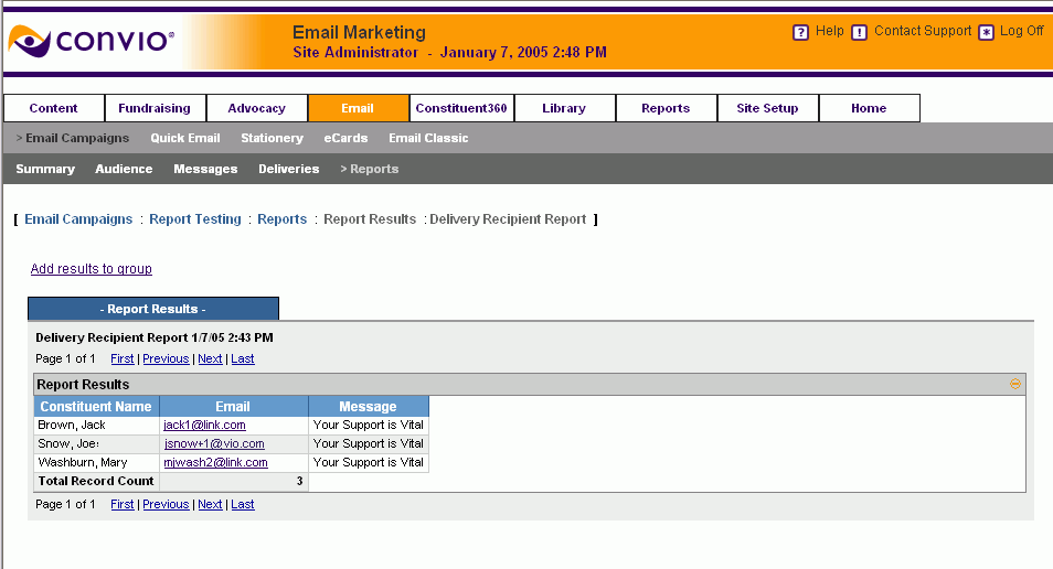 Sample of the Email Campaign Delivery Recipient Report