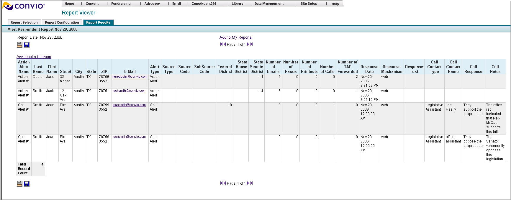 Sample of the Alert Respondent Report