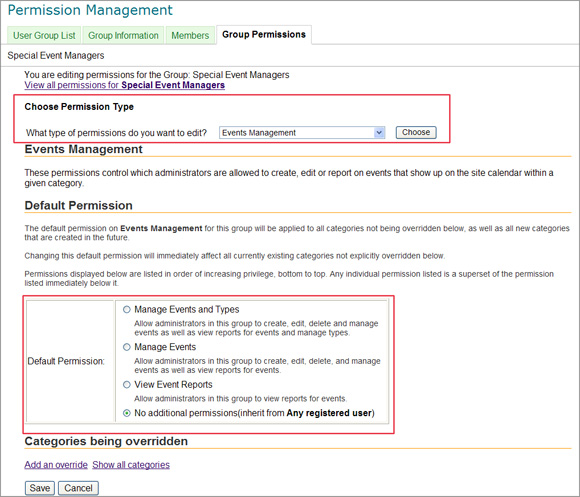 Default Permissions for Events Management