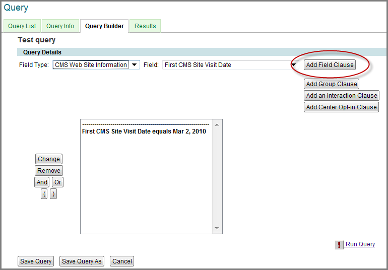 Query Builder - Add Field CLause