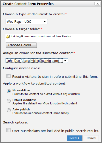 Create Content form properties