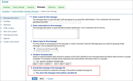 Include the message list on a page from the create flow