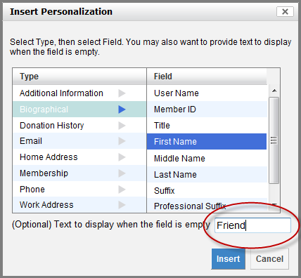 Insert Personalization Dialog
