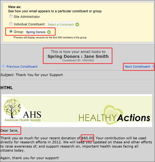 Preview email as member of a group
